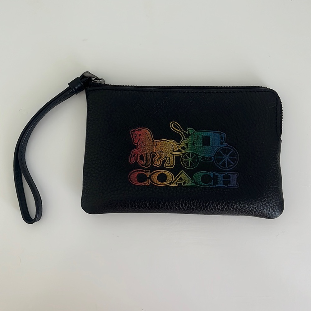 COACH wristlet, Color: Black leather, Rainbow ombre horse carriage, Gently used